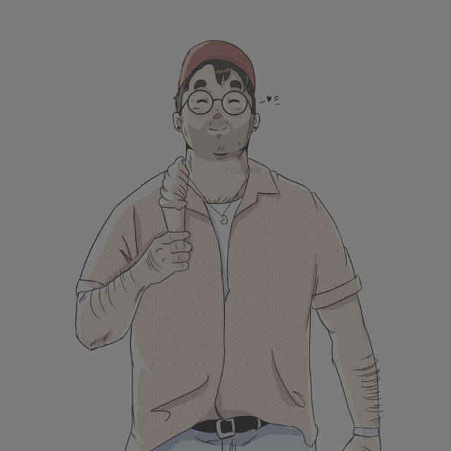 a digital illustration of a happy man. he is wearing a red baseball hat, thick round black glasses, a white undershirt but you can still see bits of chest hair, a salmon coloured button down shirt with small patter designs, a black belt, studs as earings, a lavander wrist strap, and light washed shorts which you can barely see. he is holding a strawberry soft serve icecream. he has unkept facial hair and is smiling. the vibes are warm but cozy.