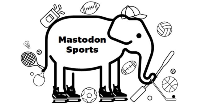 A line drawing of an elephant with "Mastodon Sports" written on his body. Clip art ice skates placed on front of his legs, creating the illusion that it's wearing them, while also being surrounded by more clip art of sports paraphernalia. 