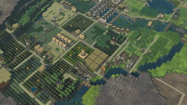 Timberborn screenshot of a busy beaver colony