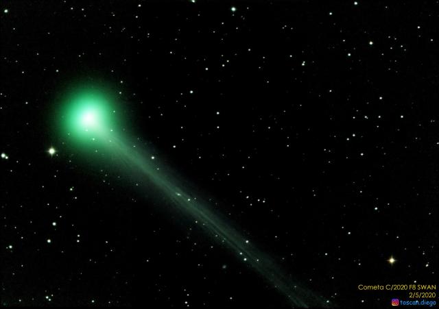 Comet C/2020 F8 SWAN Taken on May 2, 2020.

Diego Toscan, CC BY-SA 4.0, via Wikimedia Commons. Color edits.