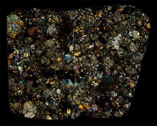 "Northwest Africa (NWA) 2892 Meteorite Thin Section."

Solar Anamnesis, CC BY-NC-ND 2.0 via Flickr: https://flic.kr/p/ZfmTgi