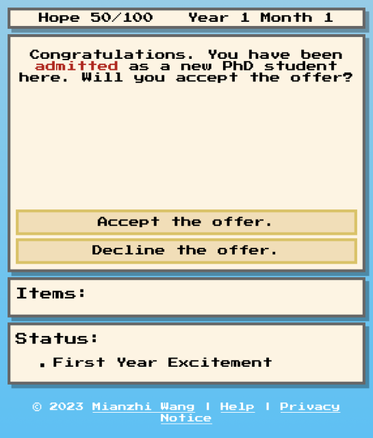A starting screen of a text based RPG. 
