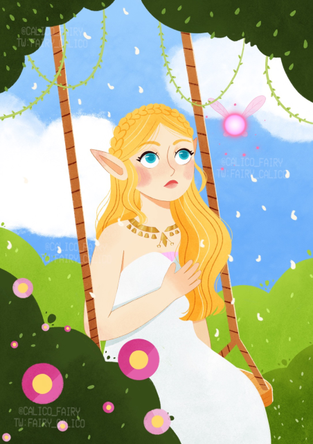 A digital drawing of princess Zelda looking up to a little pink fairy