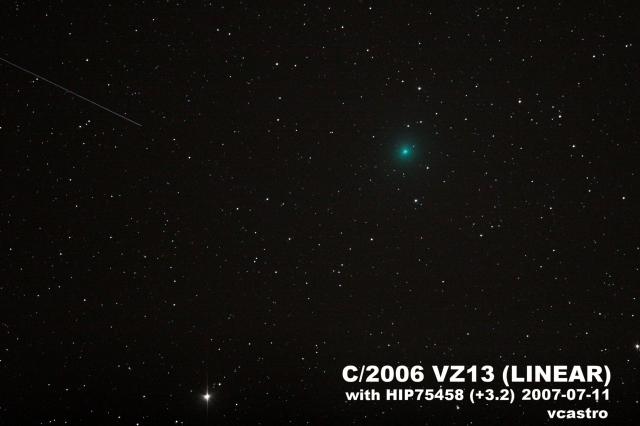 Comet C/2006 VZ13 LINEAR on July 11, 2007.

Robogun, FAL, via Wikimedia Commons. Color edits.