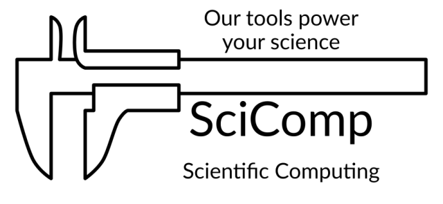 Same picture as previous (calipers).  Text now says "Our tools power your science", "SciComp", "Scientific Computing".