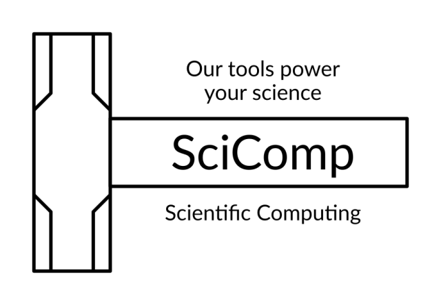 Piture is now a primitive sledgehammer looking tool, black and white outline.  Text says "Our tools power your science", "SciComp", "Scientific Computing"