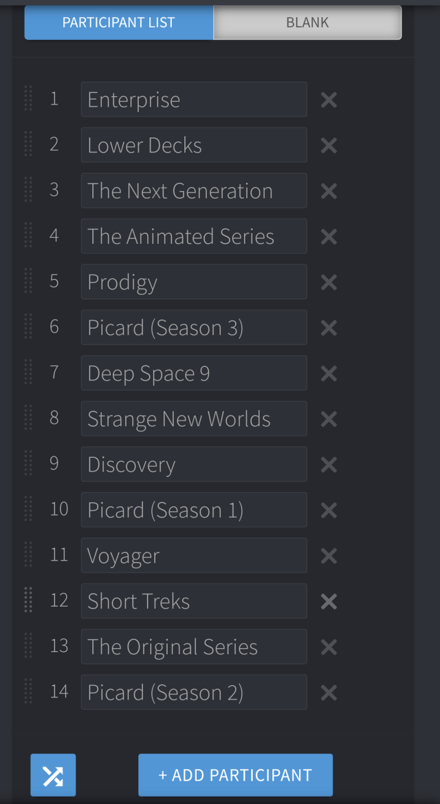 The list in seed order

1. Enterprise
2. Lower Decks
3. The Next Generation
4. The Animated Series
5. Prodigy
6. Picard Season 3
7. Deep Space 9
8. Strange New Worlds
9. Discovery
10. Picard Season 1
11. Voyager
12. Short Treks
13. The Original Series
14. Picard Season 2