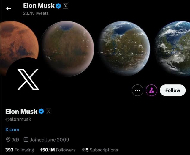 A screenshot of Elon Musk's Twitter/X profile showing a double-struck X with a tiny grey outline next to his name