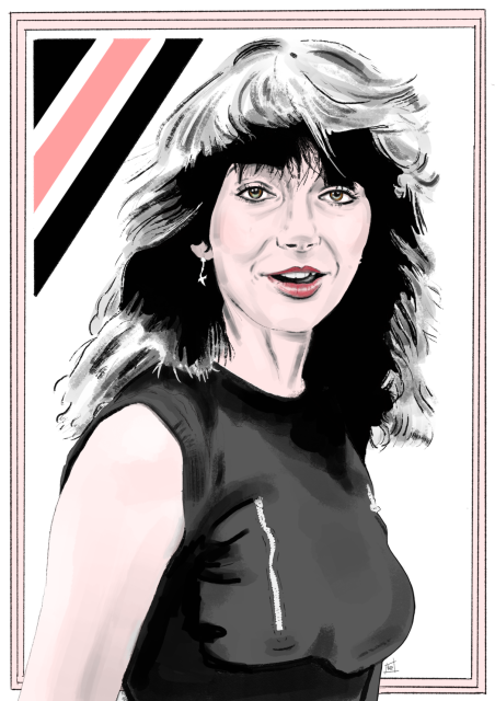 illustration of musician, kate bush, that i drew with digital pencil & ink tools. kate wears a mischievous face as she smiles directly at the audience. colours are white, orange-pink & black. there's a segmented triangle in the upper left corner & three thin, black lines make a frame around the image.