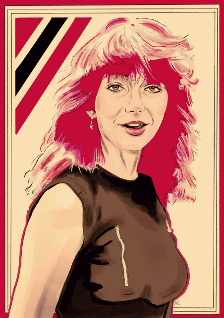 illustration of musician, kate bush, that i drew with digital pencil & ink tools. kate wears a mischievous face as she smiles directly at the audience. colours are cream, black cherry & black. there's a segmented triangle in the upper left corner & three thin, black lines make a frame around the image.
