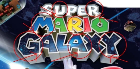The original title art for Super Mario Galaxy. Several of the letters have stars in the corners; these letters spell out "U R MR GAY"