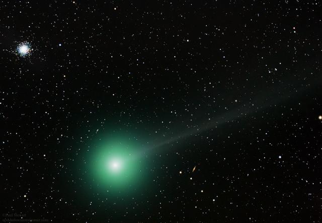Comet C2014Q2 Lovejoy and Globular cluster M79 on December 30, 2014.

Paul Stewart, CC BY 2.0, via Wikimedia Commons or Flickr: https://flic.kr/p/qj9Z5f

Color edits.