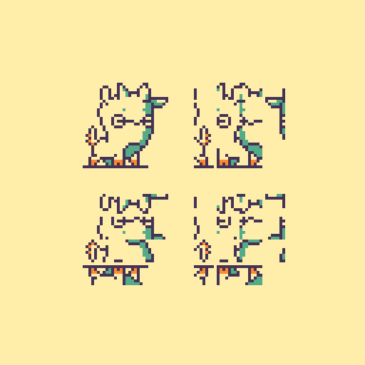 The uxn beast, a sort of cuddly goat-like alien with a big round head, drawn four times in a grid. The top left version looks normal. The other three are split into 4 strips horizontally, vertically or both, and the strips flipped individually. It mostly just looks like a mess.