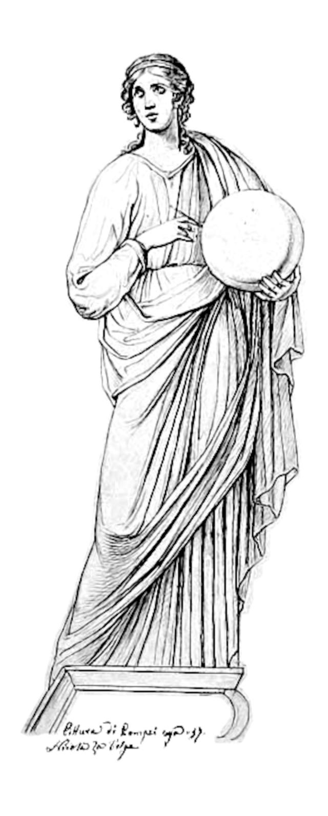 Drawing of an Image of Urania at the House of Siricus Exedra, Pompeii.

Nicola La Volpe d. 1876, Public domain, via Wikimedia Commons. Color and cropping edits.
