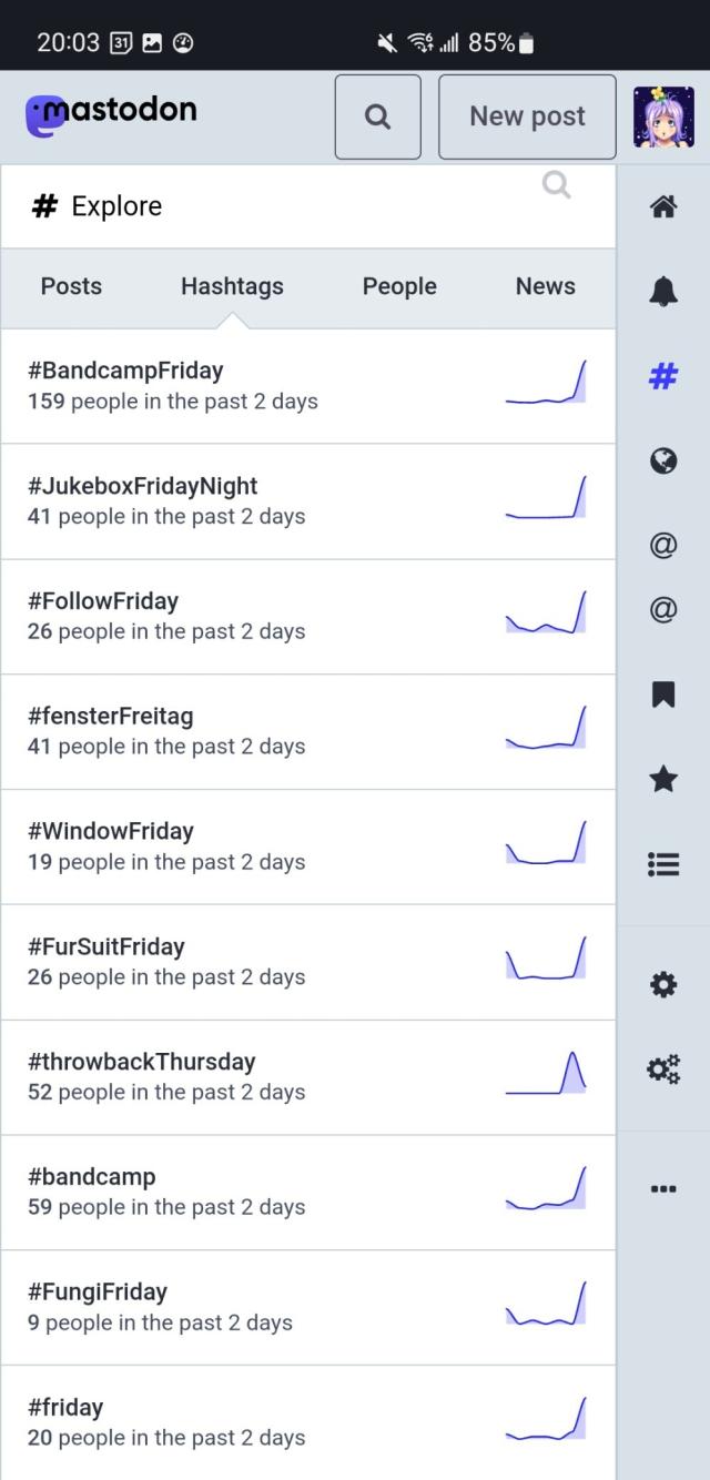 Screenshot of the hashtags section of mastodon explore web interface showing a bunch of hashtags all with Friday in the name, ending with a hashtag that is just simply Friday 