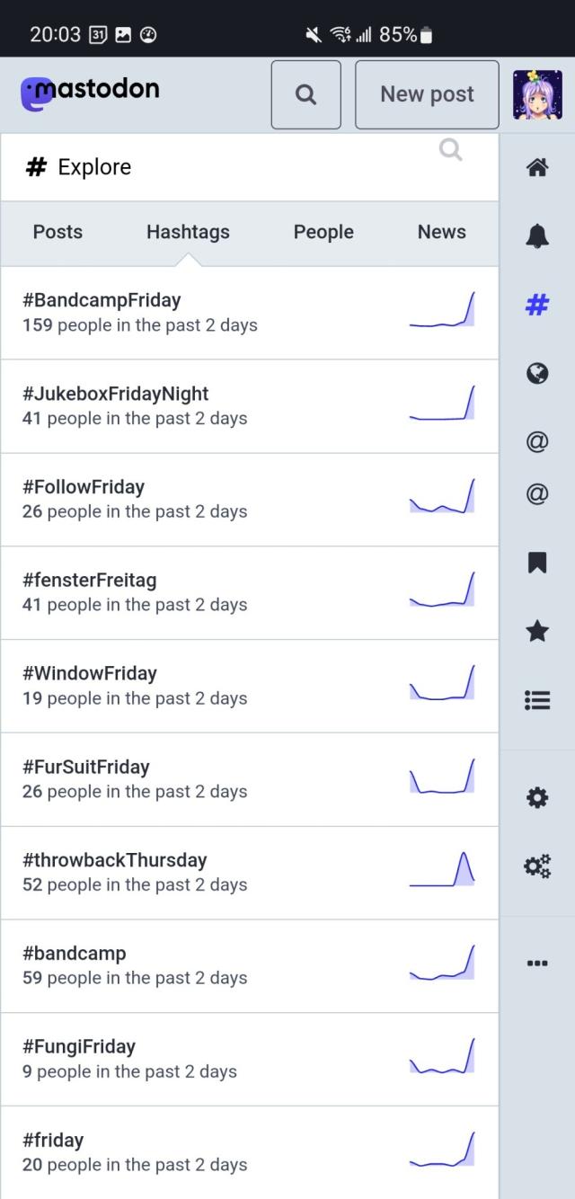 Screenshot of the hashtags section of mastodon explore web interface showing a bunch of hashtags all with Friday in the name, ending with a hashtag that is just simply Friday 