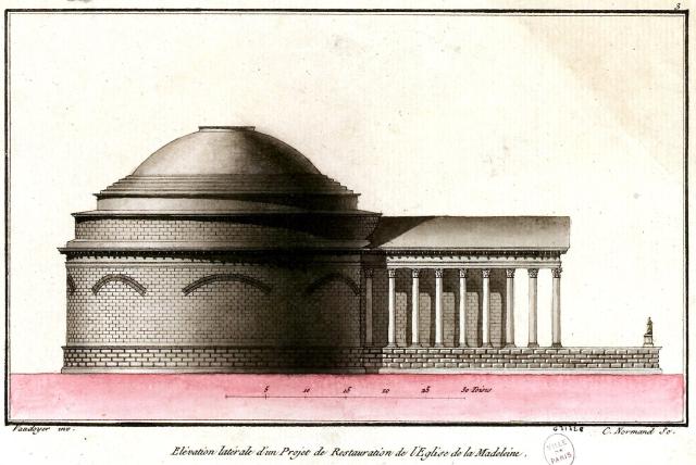 « Elévation latérale d'un Projet de Restauration de l'Eglise de la Madeleine. »

Normand, Charles Pierre Joseph (Goyencourt, 25–11–1765 - Paris, 13–02–1840), graveur, CC0, via Wikimedia Commons. Color edits.