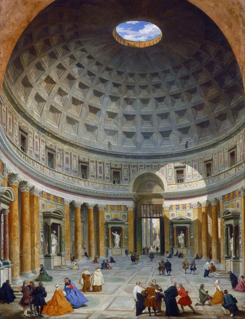 "Interior of the Pantheon, Rome" by Giovanni Paolo Panini (~1734).

Giovanni Paolo Panini, Public domain, via Wikimedia Commons.