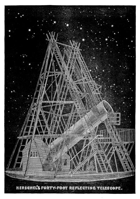 "Night view of William Herschel's forty-foot reflecting telescope," from "The Wonders of the Heavens" 1837 (https://archive.org/details/wondersofheavens00brad).

Unknown engraver, Public domain, via Wikimedia Commons.