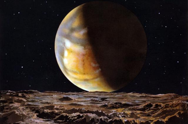 "Mars as seen from moon Deimos" by Lucien Rudaux (before 1947).

Lucien Rudaux (1874-1947), Public domain, via Wikimedia Commons.