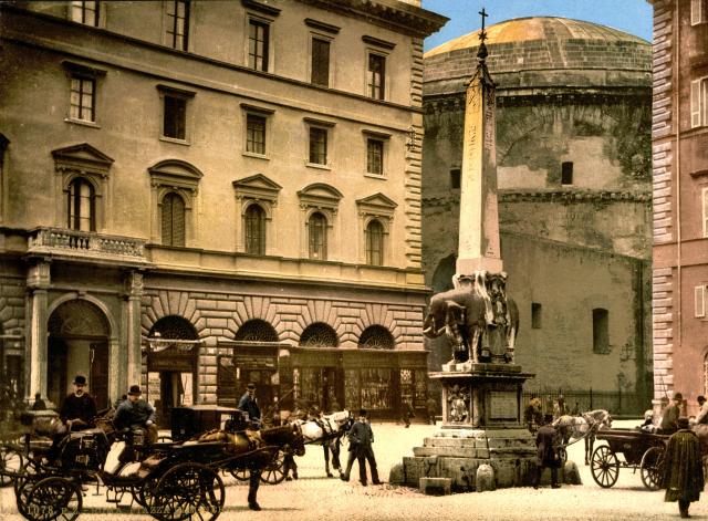 "Piazza di Minerva, Rome, Italy" photograph taken between 1890 and 1900.

Photochrom Print Collection, Public domain, via Wikimedia Commons. Color edits.