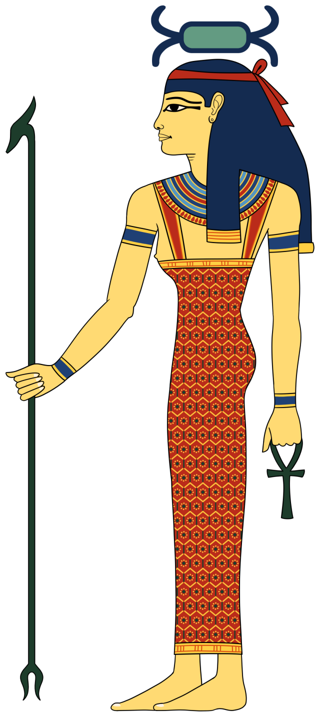 "A representation of the Egyptian Goddess Neith as a woman with an emblem of a shield with crossing arrows over her head, holding an Ankh and the Was scepter as she was depicted in The Tomb of Nefertari, 1255 BCE. This image contains some artistic liberties so that Wikipedia readers can tell her apart from the rest of the Egyptian Deities."

Eternal Space, CC BY-SA 4.0, via Wikimedia Commons.