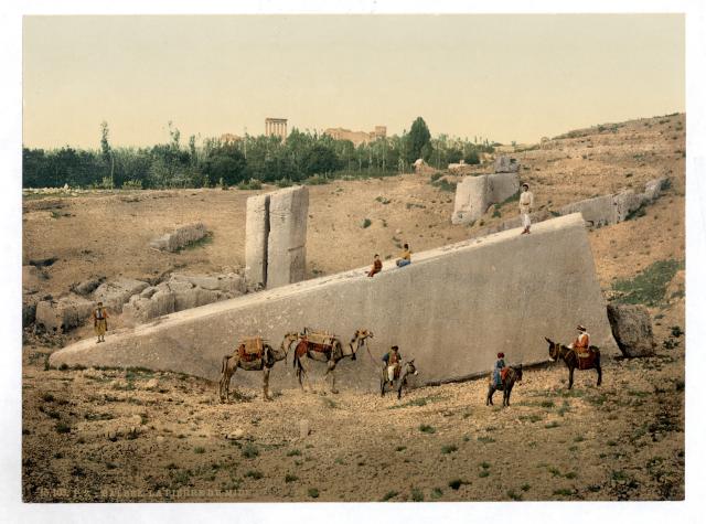 "Temple of the Sun, Center Stone, Baalbek (~1890-1900)."

Photochrom Print Collection, Public domain, via Wikimedia Commons. Color edits.