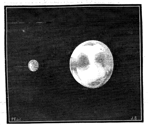 "An artist’s impression of Venus and its satellite" (1882).

Bertrand, Joseph, Public domain, via Wikimedia Commons.