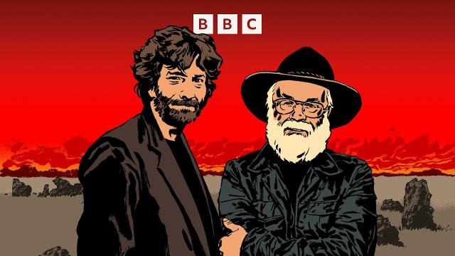 Ilustration showing authors Neil Gaiman and Terry Pratchett against a fiery red sky. Pratchett wears a distinctive wide-brimmed hat and stands with his arms crossed.