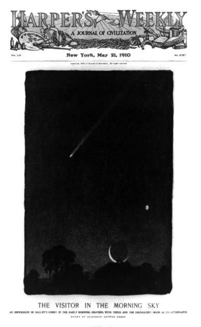 "A visitor in the morning sky: an impression of Halley's Comet in the early morning heavens, with Venus and the crescent moon as its attendants" (1910).

Elliott, Elizabeth Shippen Green, artist, Public domain, via Wikimedia Commons. Color edits.