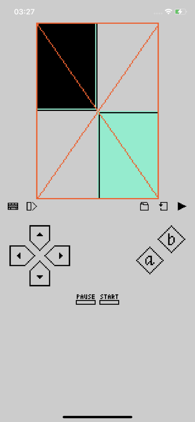 Screenshot of an Varvara emulator, in mobile application form, with a working screen output device. This is demonstrated by a set of rectangular shapes being successfully drawn and displayed by the underlying programs involved in the process.