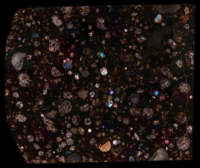 "Northwest Africa (NWA) 5930 Meteorite Thin Section."

Solar Anamnesis, CC BY-NC-ND 2.0 via Flickr: https://flic.kr/p/2kyRBEj