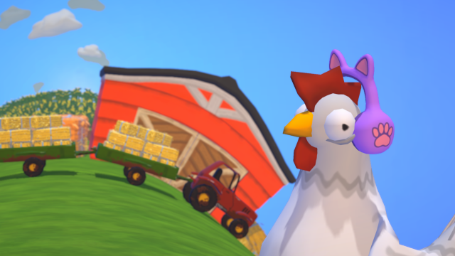 Clucky the Chicken wearing cat head phones while a tractor rolls past in the background