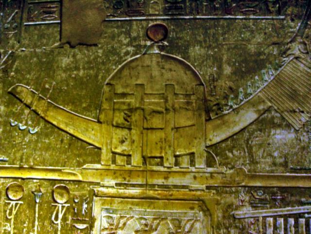 "Relief of the divine bark Hennu - Temple of Hathor at Deir el-Medina."

Neithsabes, CC BY-SA 3.0, via Wikimedia Commons. Color edits.