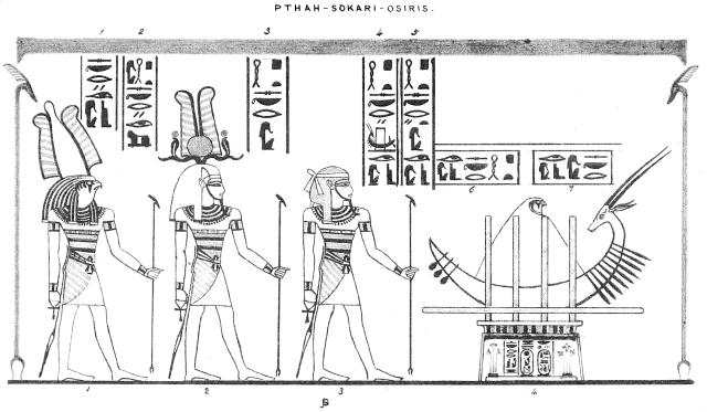 "Plate 23 or 24: Egyptian gods Ptah-Osiris-Sokar approach the baby sun god Horus."

"The Manners and Customs of the Ancient Egyptians" Vol. 3 (1841) by John Gardner Wilkinson.

https://archive.org/details/b29348158_0003/page/n30/mode/1up

https://alienexplorations.blogspot.com/1979/01/other-depictions-of-sokar-funerary-bark.html