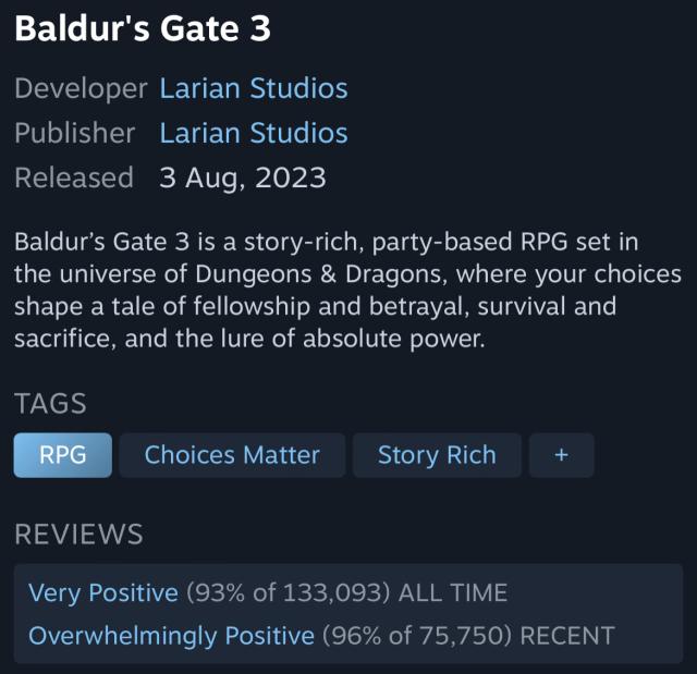 Baldur’s Gate 3 on Steam, rated Overwhelmingly Positive.