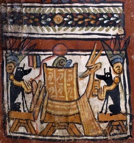 The boat of Sokar flanked by jackals (3rd century CE).

Brooklyn Museum, Charles Edwin Wilbour Fund, 52.128a-e. Creative Commons-BY (Photo: Brooklyn Museum, 52.128a_52.128e_PS2.jpg). https://www.brooklynmuseum.org/opencollection/objects/194065

Color and cropping edits.