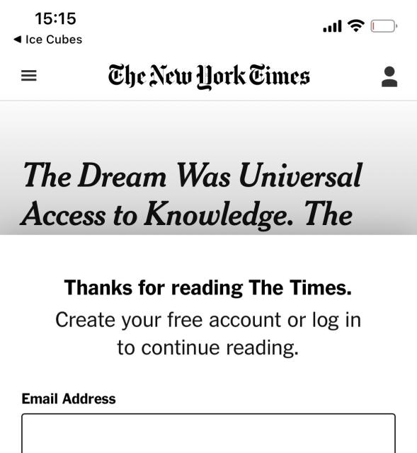 A screenshot of the New York Times Article linked in the parent post, viewed on a mobile device. Only part of the headline is visible (text of the post body), the rest obscured by a call to action to sign up for a free account.