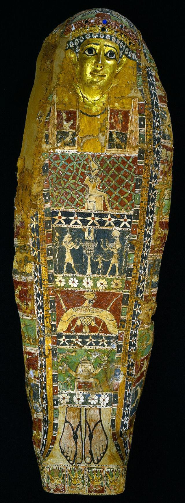 "Cartonnage Mummy Case" (~50 BCE) showing the Henu Barque.

Cleveland Museum of Art, CC0, via Wikimedia Commons. Color and cropping edits.