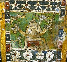 "Cartonnage Mummy Case" (~50 BCE) showing the Henu Barque.

Cleveland Museum of Art, CC0, via Wikimedia Commons. Color and cropping edits.