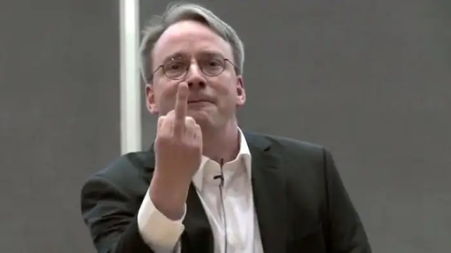 Linus Torwalds famous f**k Nvidia Meme with the finger.