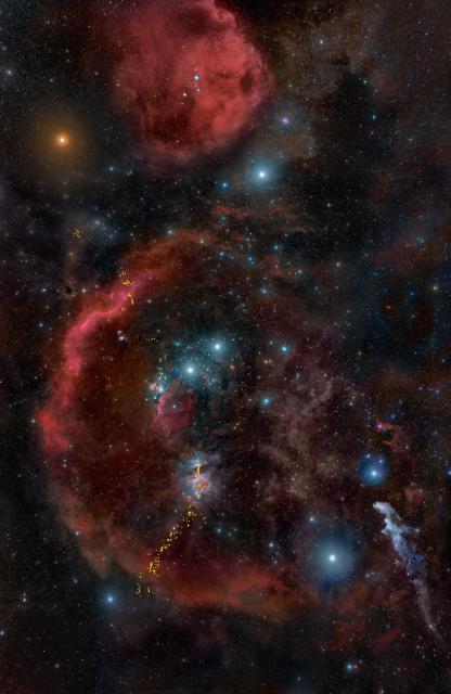 "HOPS Sources in Orion. This ground-based image offers a wide view of the entire Orion cloud complex, the closest major star-forming region to Earth."

IMAGE: Rogelio B. Andreo (RBA Premium Astrophotography) SCIENCE: NASA, ESA, STScI, Nolan Habel (UToledo), Tom Megeath (UToledo), Public domain, via Wikimedia Commons.