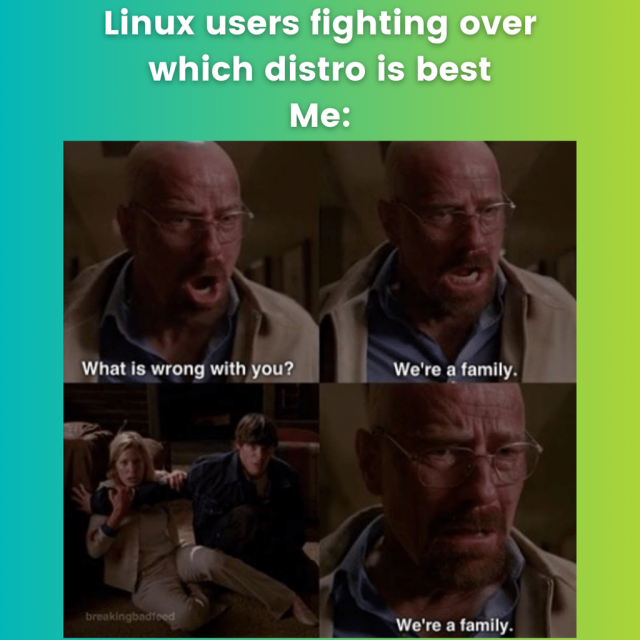 The title says: Linux users fighting over which distro is best.

Then it says “Me:”

What is wrong with you?

We're a family.

We're a family.
