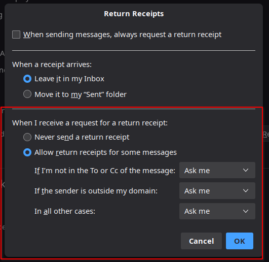Contains section called "When I receive a request for a return receipt" with configurable settings.