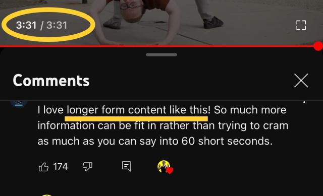 A screenshot of a YouTube comment that reads “I love longer form content like this”. The video is three and a half minutes long.