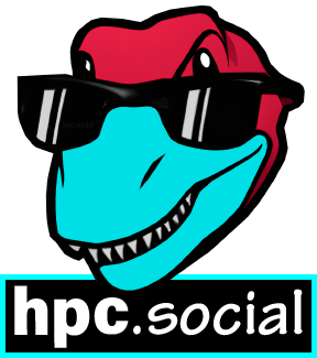 A design for a sticker showing the cool-looking hpc.social dinosaur mascot (a smiling stylized tyrannosaur head wearing shades with eyes peeking over them) and hpc.social text logo.