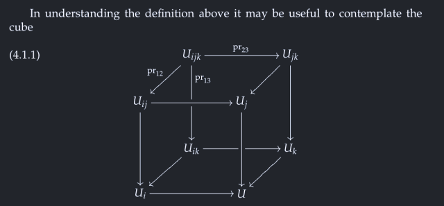 A screenshot from Vistoli's notes on fibred categories and stacks. It reads

"In understanding the definition above it may be useful to contemplate the cube"

followed by a picture of a cube.