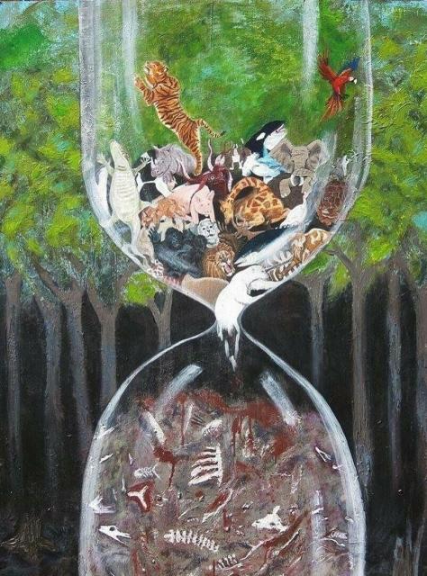 Bild:
Eine Sanduhr aus Glas, statt Sand sind lebendige Haus und Wildtiere im oberen Teil, im unteren nur noch Leichenteile. 