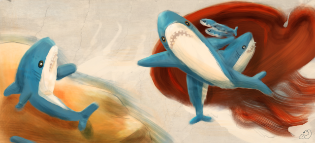 Digital Painting: Recreation of Michelangelo's Creation of Adam, but with Ikea plushies. A plush shark sitting on some land, one flipper outstretched to a floating group of plushie sharks of various sizes in front of draped red fabric. The biggest plushie stretching its fin to touch the other shark