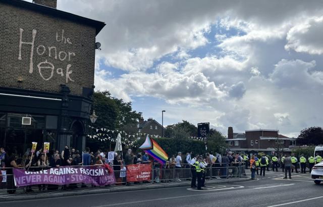 Today a crew of about 150 antifascists faced off against about 8 anti-LGBT goons in south London.